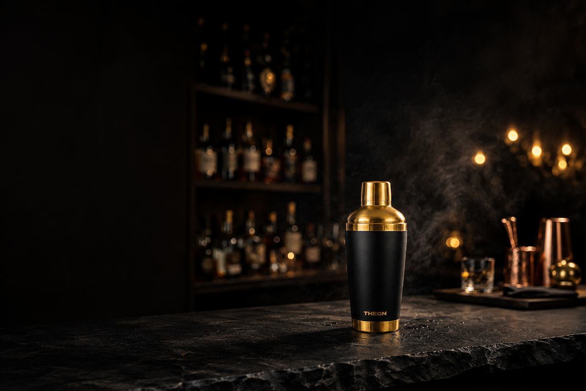 Black and gold THEON shaker in an elegant evening bar, zoomed out